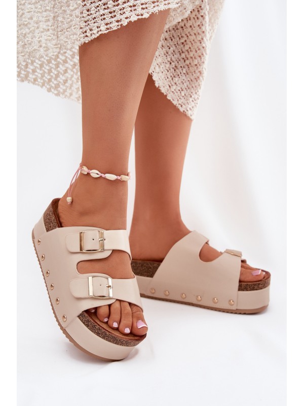 Women's Sandals With Buckles On A Chunky Platform Beige Odisene