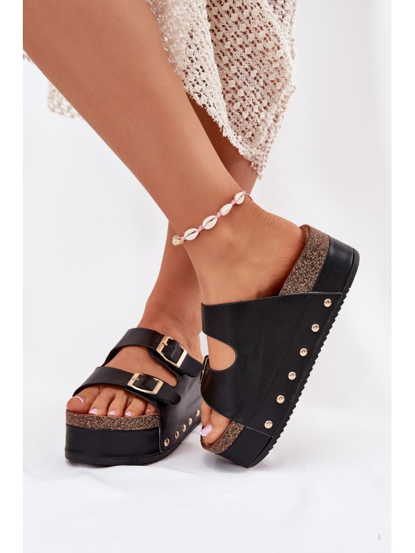 Women's sandals with buckles on a massive platform black Odisene