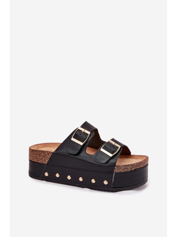 Women's sandals with buckles on a massive platform black Odisene 2