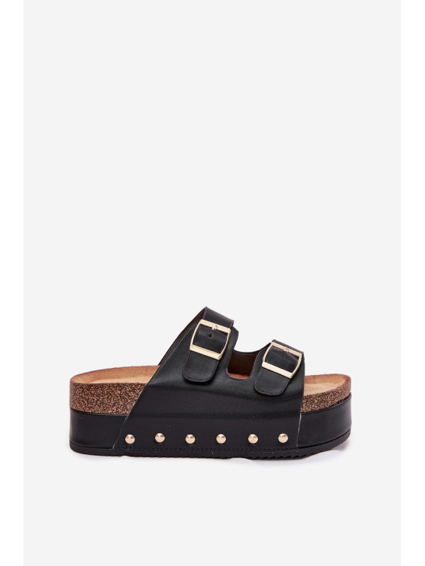 Women's sandals with buckles on a massive platform black Odisene