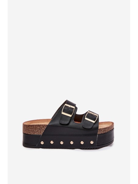 Women's sandals with buckles on a massive platform black Odisene