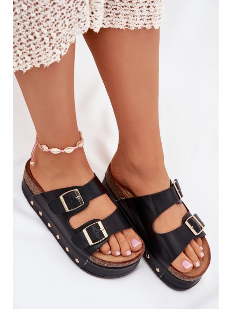 Women's sandals with buckles on a massive platform black Odisene