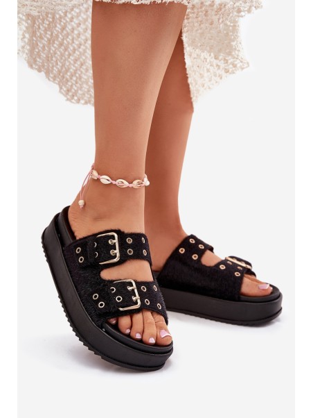 Ladies Sandals With Golden Buckles On Platform Black Virvania