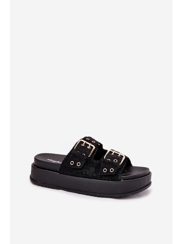 Ladies Sandals With Golden Buckles On Platform Black Virvania
