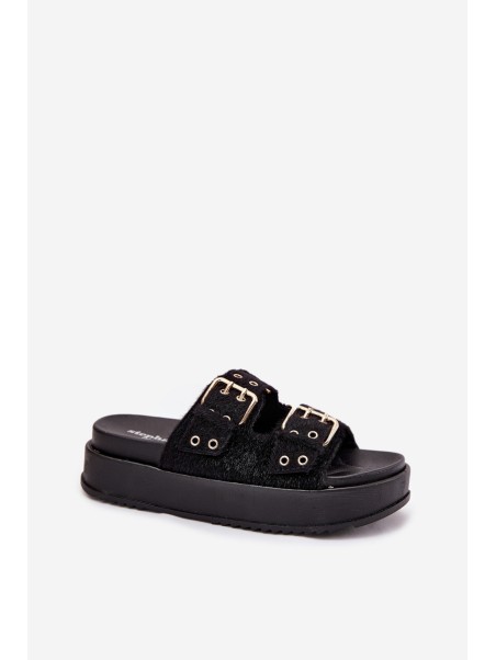 Ladies Sandals With Golden Buckles On Platform Black Virvania