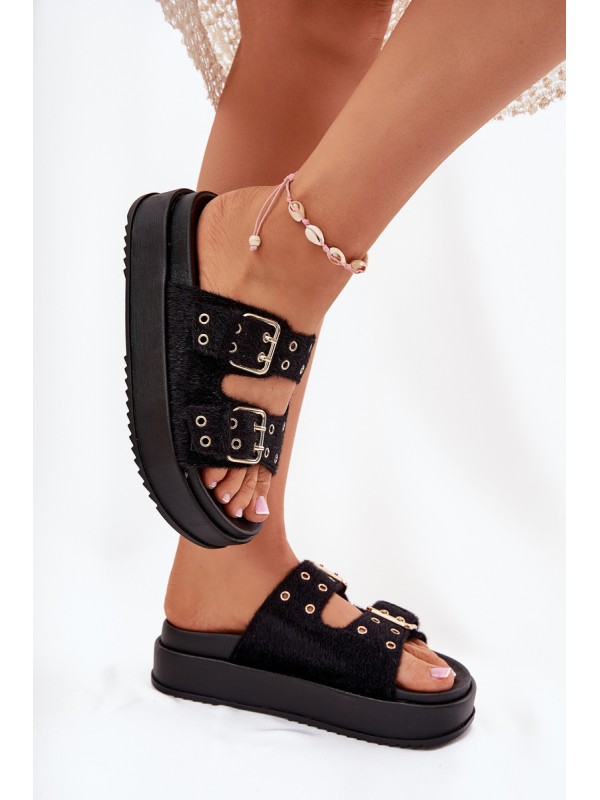 Ladies Sandals With Golden Buckles On Platform Black Virvania