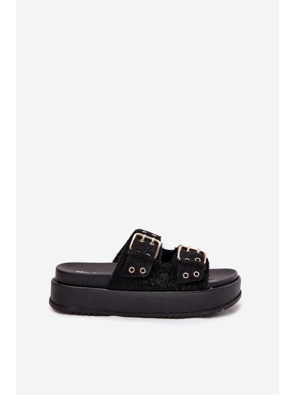 Ladies Sandals With Golden Buckles On Platform Black Virvania