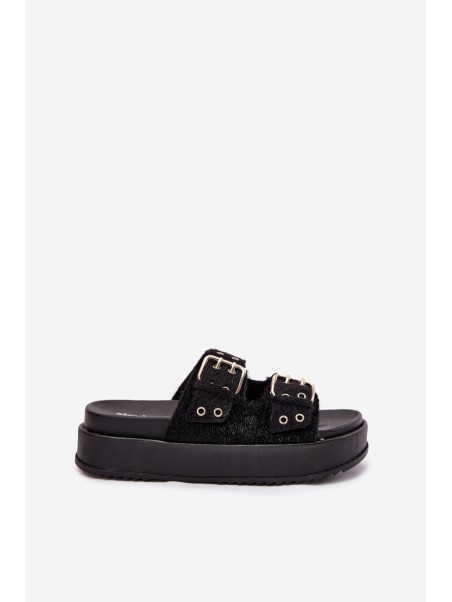 Ladies Sandals With Golden Buckles On Platform Black Virvania