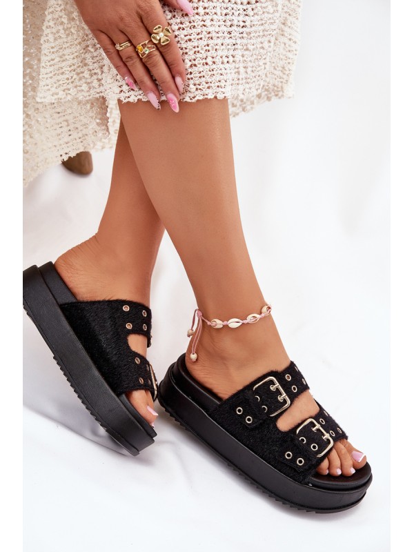 Ladies Sandals With Golden Buckles On Platform Black Virvania