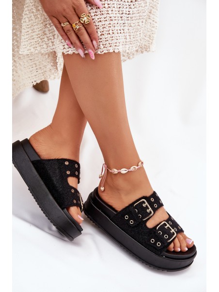 Ladies Sandals With Golden Buckles On Platform Black Virvania