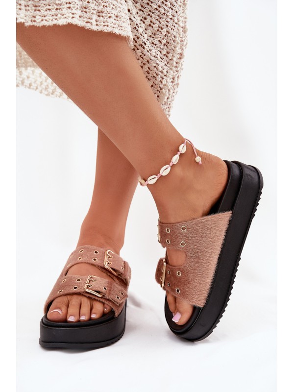 Women's Slides With Golden Buckles On Platform Beige Virvania