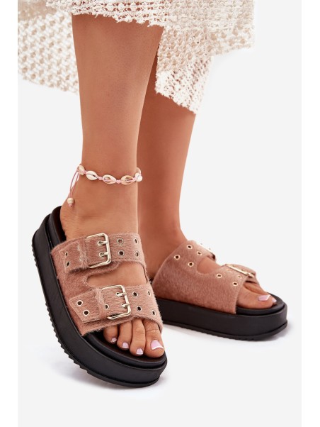Women's Slides With Golden Buckles On Platform Beige Virvania