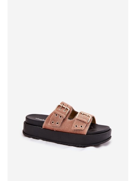 Women's Slides With Golden Buckles On Platform Beige Virvania