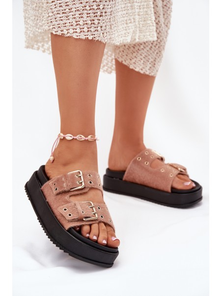 Women's Slides With Golden Buckles On Platform Beige Virvania