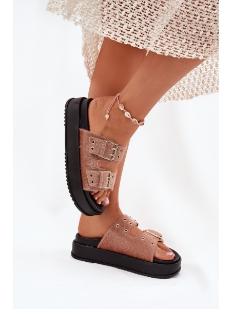 Women's Slides With Golden Buckles On Platform Beige Virvania