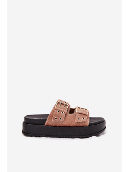 Women's Slides With Golden Buckles On Platform Beige Virvania