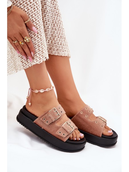 Women's Slides With Golden Buckles On Platform Beige Virvania