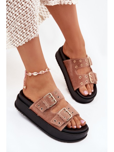 Women's Slides With Golden Buckles On Platform Beige Virvania