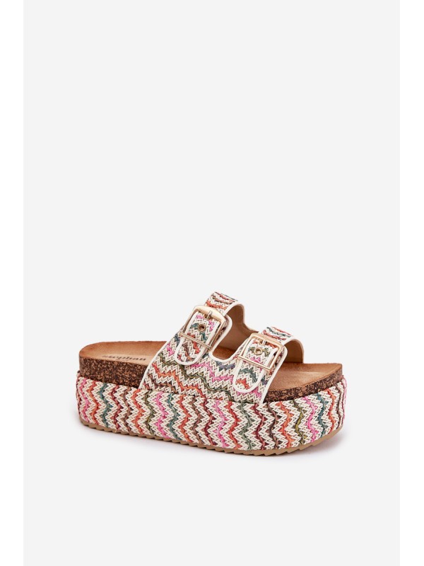 Women's Sandals On Chunky Platform With Weaving And Buckles Multicolor