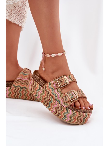 Women's Sandals On Chunky Platform With Weaving And Buckles Multicolor
