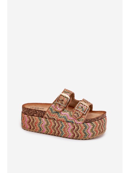 Women's Sandals On Chunky Platform With Weaving And Buckles Multicolor