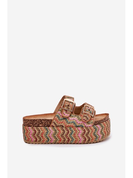 Women's Sandals On Chunky Platform With Weaving And Buckles Multicolor