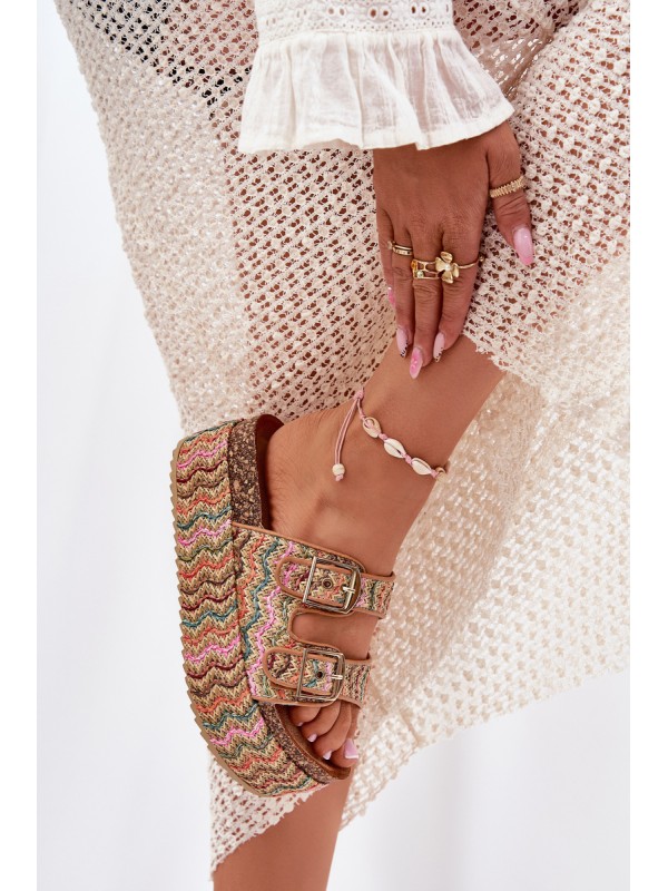 Women's Sandals On Chunky Platform With Weaving And Buckles Multicolor