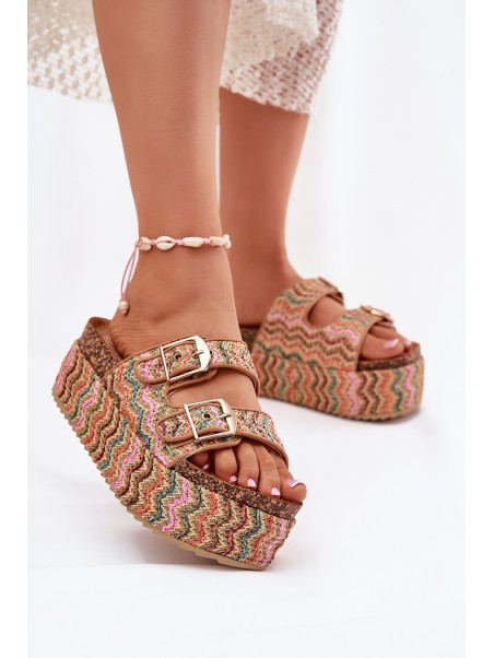 Women's Sandals On Chunky Platform With Weaving And Buckles Multicolor