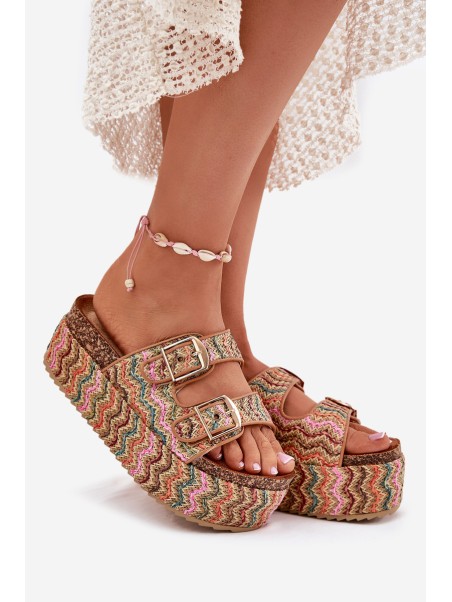 Women's Sandals On Chunky Platform With Weaving And Buckles Multicolor