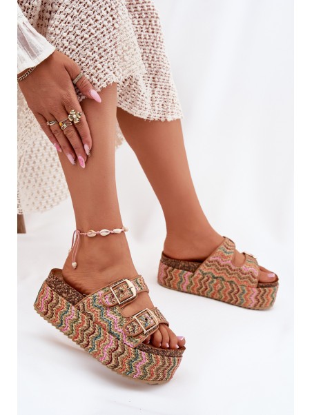 Women's Sandals On Chunky Platform With Weaving And Buckles Multicolor