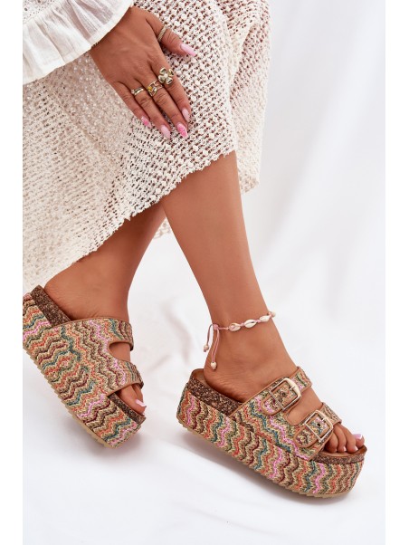 Women's Sandals On Chunky Platform With Weaving And Buckles Multicolor