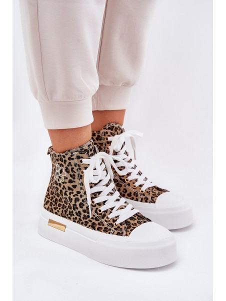 High Women Sneakers With Leopard Print On Platform Brown Laviriona