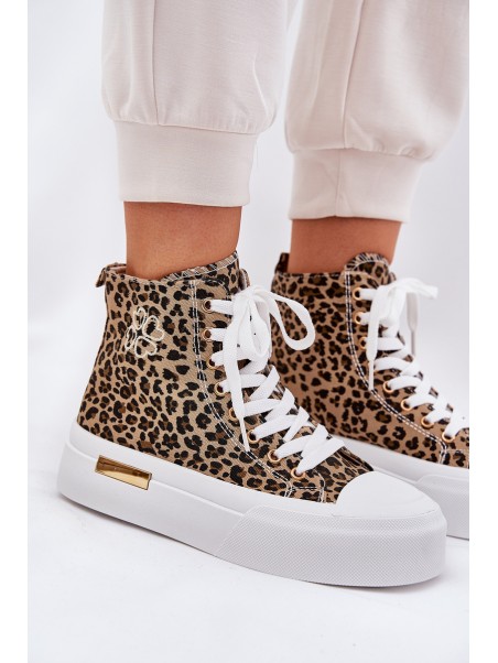 High Women Sneakers With Leopard Print On Platform Brown Laviriona