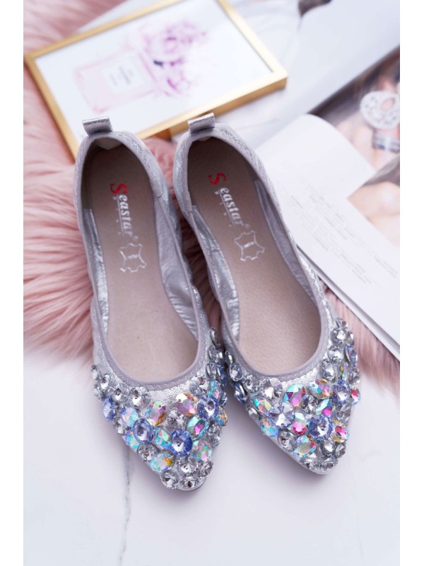 Leather Ballerinas with Stones Silver Crystal 2