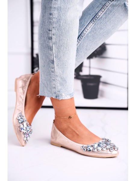 Leather Ballerinas With Decorative Stones Gold Crystal