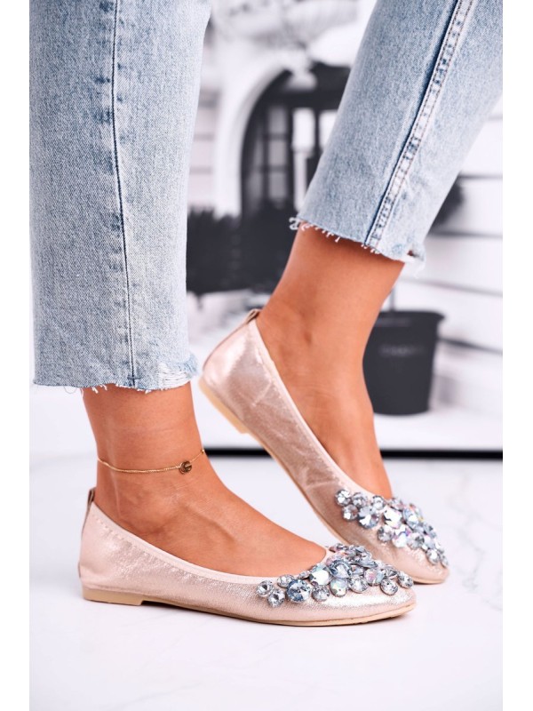 Leather Ballerinas With Decorative Stones Gold Crystal