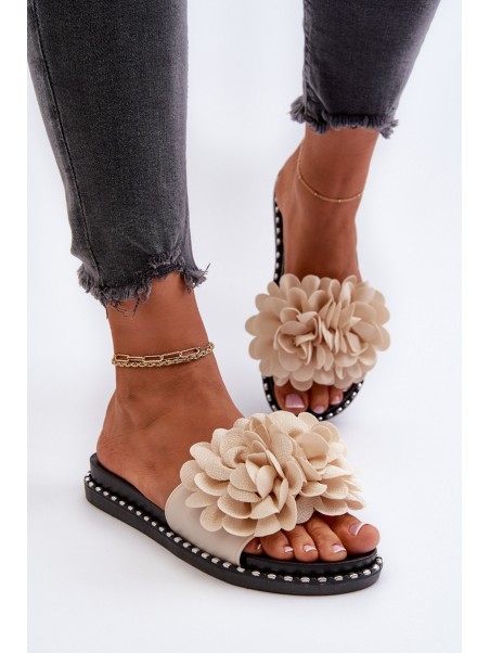 Women's Beige Flower Embellished Slippers Cellanen