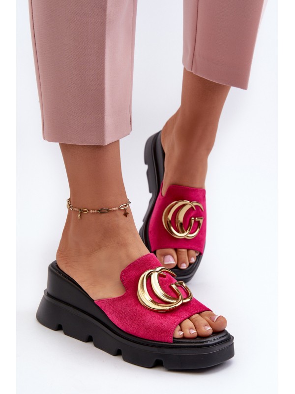 Ladies Sandals Made Of Eco Suede On Wedge And Platform With Golden Decoration Vinceza 58295 Fuchsia Ladies Sandals Made Of Eco Suede On Wedge And Platform With Golden Decoration Vinceza 58295 Fuchsia