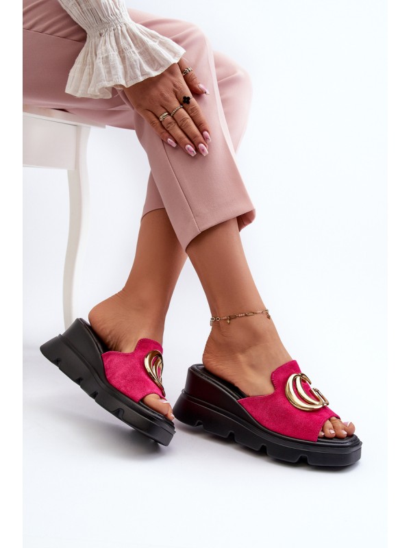 Ladies Sandals Made Of Eco Suede On Wedge And Platform With Golden Decoration Vinceza 58295 Fuchsia Ladies Sandals Made Of Eco Suede On Wedge And Platform With Golden Decoration Vinceza 58295 Fuchsia