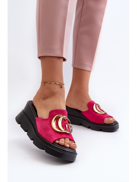 Ladies Sandals Made Of Eco Suede On Wedge And Platform With Golden Decoration Vinceza 58295 Fuchsia