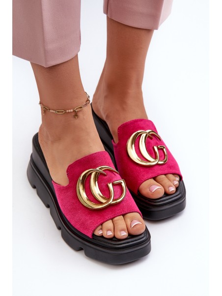 Ladies Sandals Made Of Eco Suede On Wedge And Platform With Golden Decoration Vinceza 58295 Fuchsia