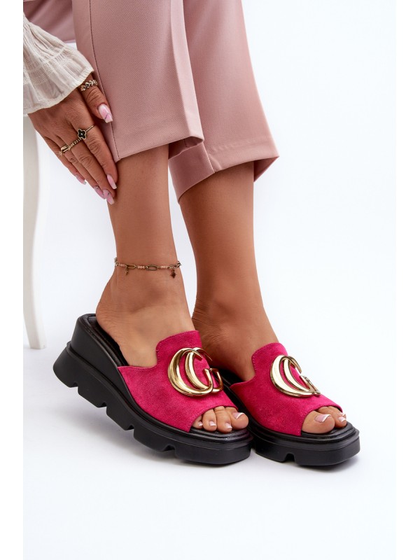 Ladies Sandals Made Of Eco Suede On Wedge And Platform With Golden Decoration Vinceza 58295 Fuchsia Ladies Sandals Made Of Eco Suede On Wedge And Platform With Golden Decoration Vinceza 58295 Fuchsia