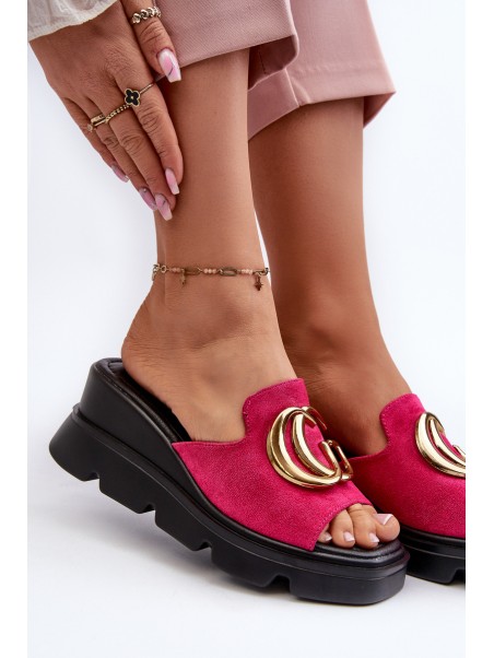 Ladies Sandals Made Of Eco Suede On Wedge And Platform With Golden Decoration Vinceza 58295 Fuchsia