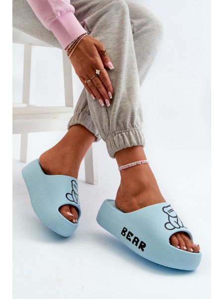Women's Foam Slides on Chunky Sole with Bear Blue Lamira