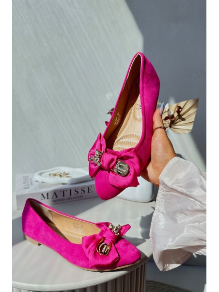 Women's Eco Suede Ballerina Flats with Bow and Brooch Fuchsia Satris