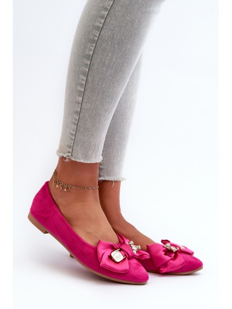 Women's Eco Suede Ballerina Flats with Bow and Brooch Fuchsia Satris