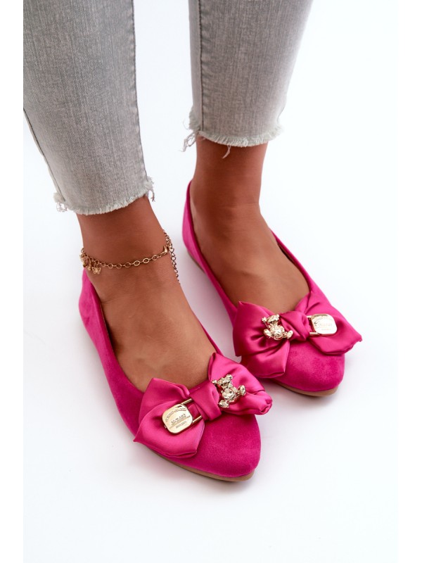 Women's Eco Suede Ballerina Flats with Bow and Brooch Fuchsia Satris