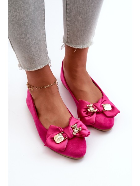 Women's Eco Suede Ballerina Flats with Bow and Brooch Fuchsia Satris