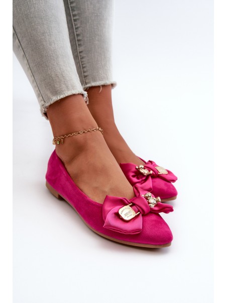 Women's Eco Suede Ballerina Flats with Bow and Brooch Fuchsia Satris
