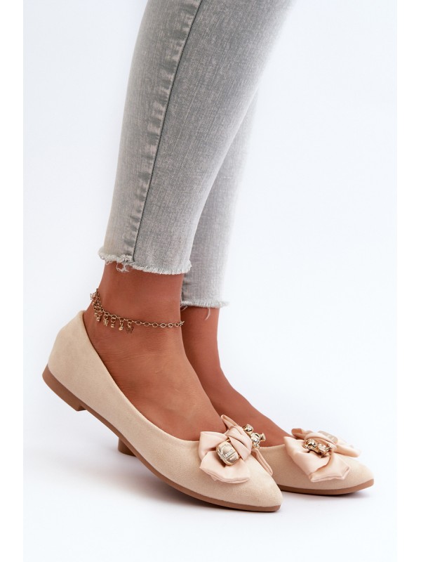 Women's Eco Suede Ballerina Flats with Bow and Brooch in Light Beige Satris 2